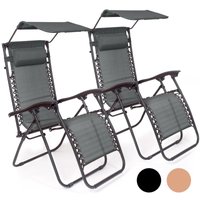 LifeGoods Faltbare Gartenstühle - mit Sonnendach - Verstellbarer Sonnenschirm - 2 Stück - 30°-90° verstellbar - Metall - Dunkelgrau
